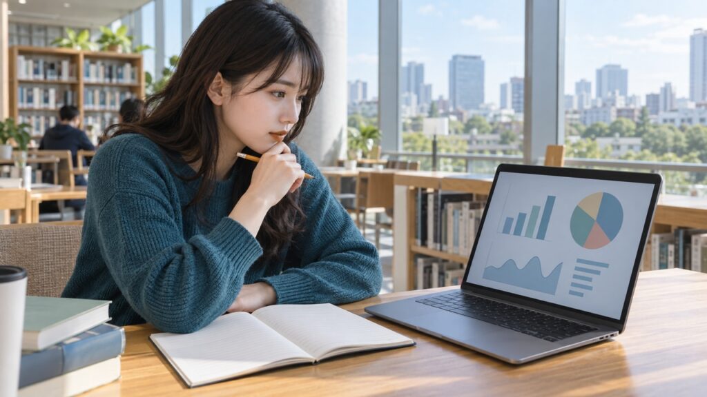 大学の図書館でグラフを見ながら社会の動きを考える学生のイメージ