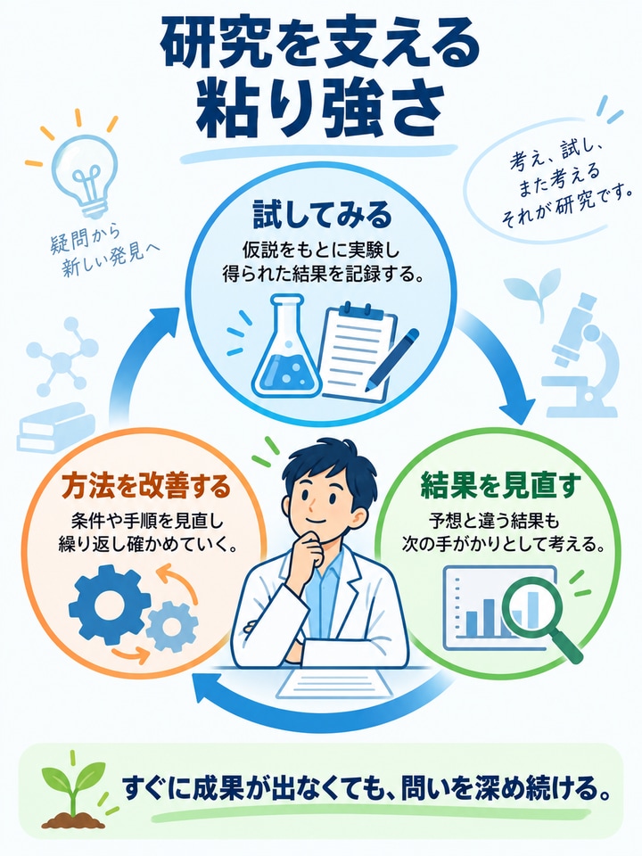 試す、結果を見直す、方法を改善するという研究の反復サイクル
