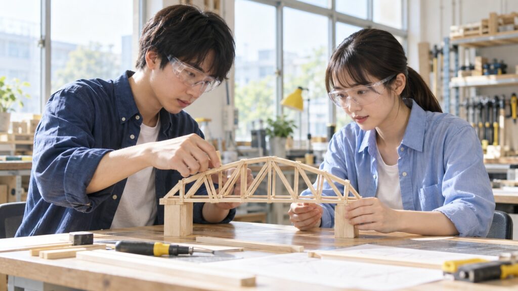 小型の橋梁模型を組み立てる理工系の学生たち