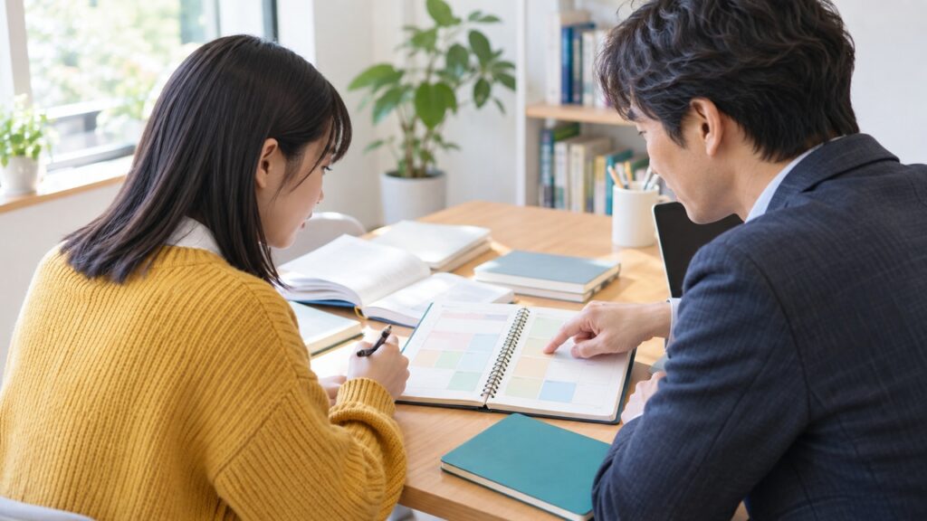 学習計画について相談する受験生と指導者