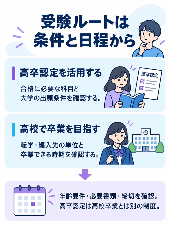 高卒認定を活用する経路と、高校で卒業を目指す経路の確認事項