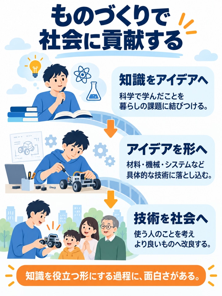科学の知識をアイデアと技術に変え、ものづくりで社会に役立てる流れ