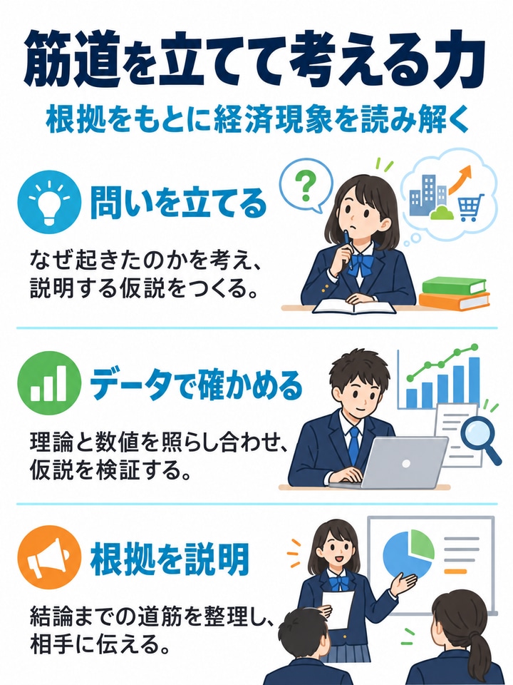 筋道を立てて考える力を解説する図。問いを立てる、データで確かめる、根拠を説明。