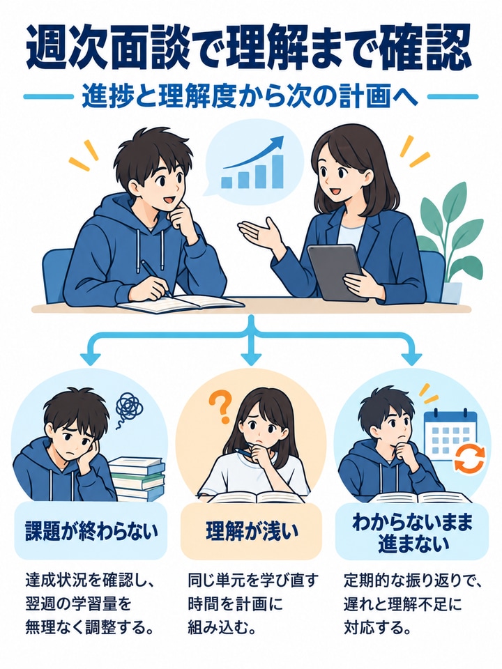週次面談で進捗・理解度・遅れを確認する