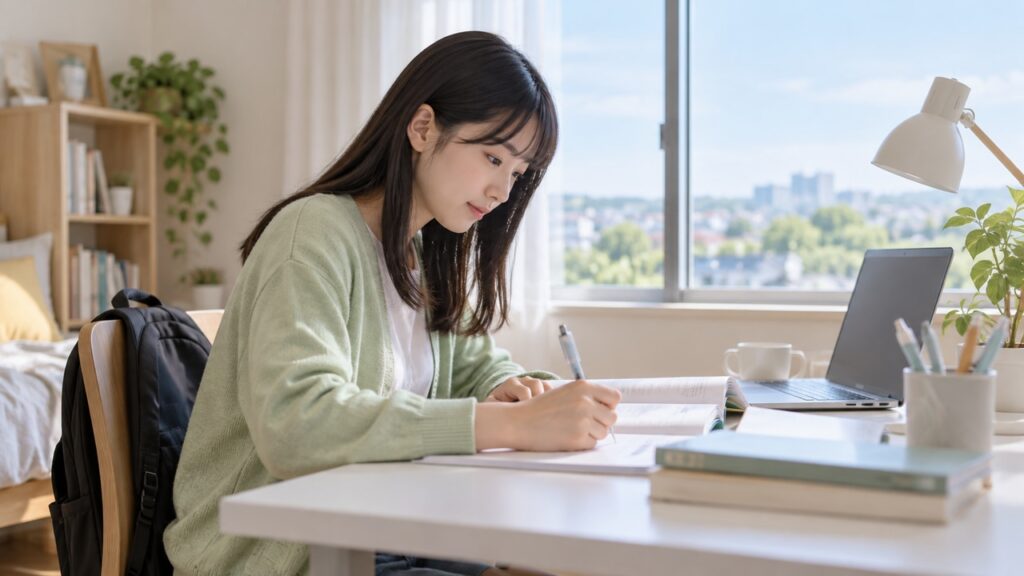 明るい自宅の机で自分のペースで学習する生徒