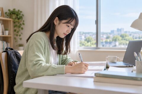 明るい自宅の机で自分のペースで学習する生徒