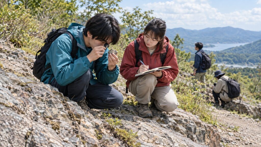 野外で岩石を観察する大学生