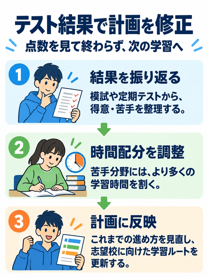 模試や定期テストの結果に応じて計画を修正する