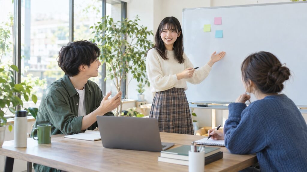 ゼミで事業のアイデアを話し合う大学生のイメージ