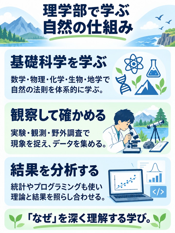 基礎科学を学び、実験や観測で確かめ、結果を分析する理学部の学習内容