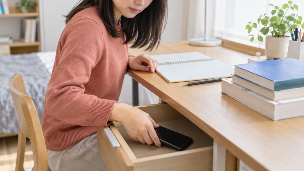 教材と予定表を整理して学習環境を整える若者