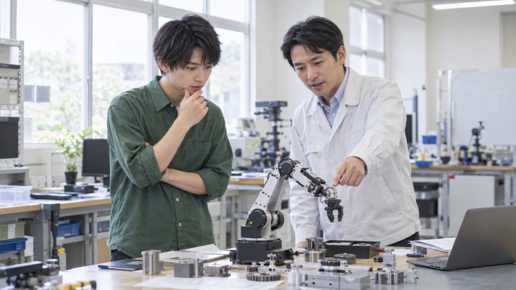 大学の実習室で小型ロボットの構造を確認する学生と指導者