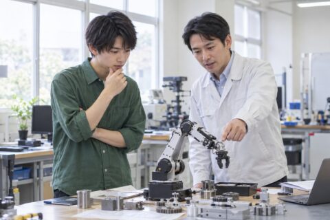 大学の実習室で小型ロボットの構造を確認する学生と指導者
