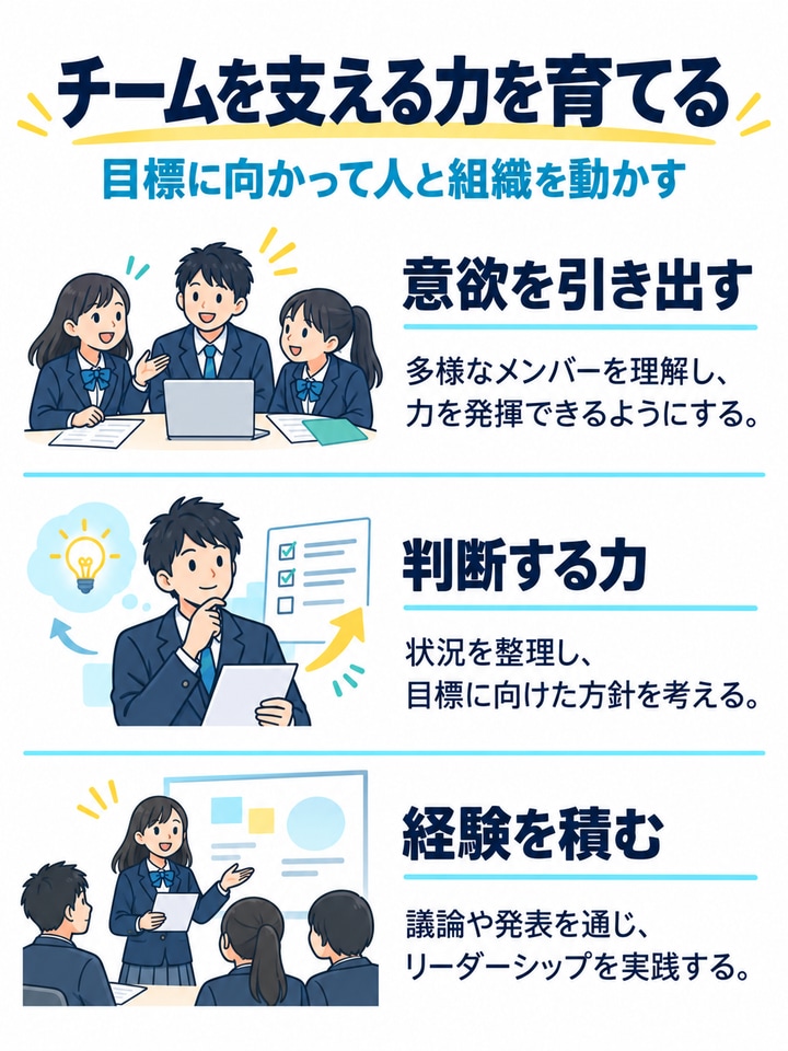 チームを支える力を育てるを解説する図。意欲を引き出す、判断する力、経験を積む。