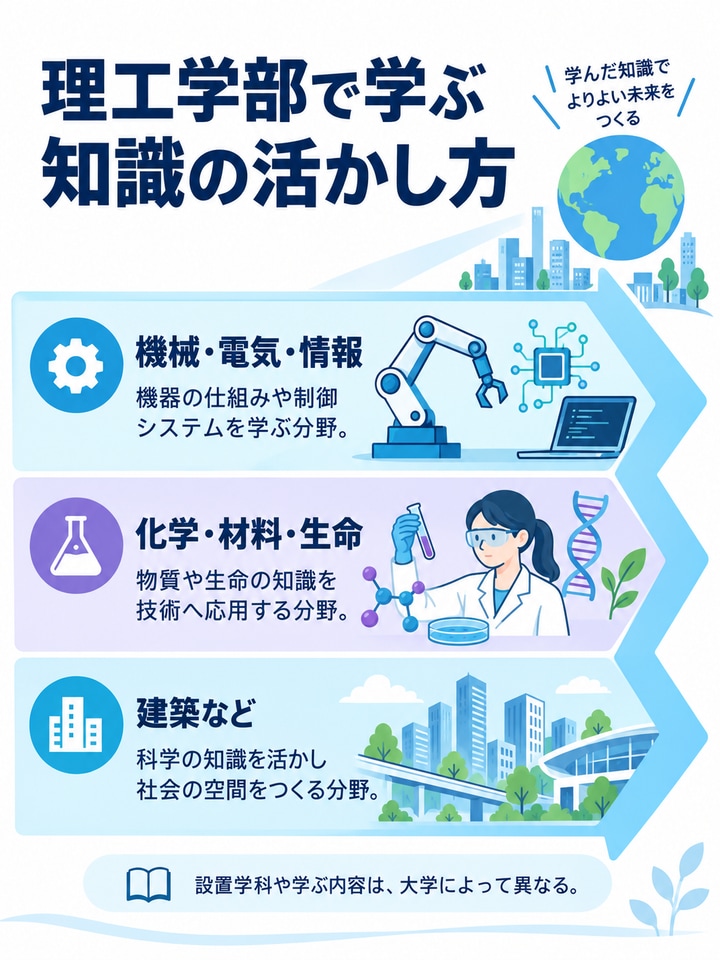 理工学部で学ぶ機械・電気・情報、化学・材料・生命、建築などの分野
