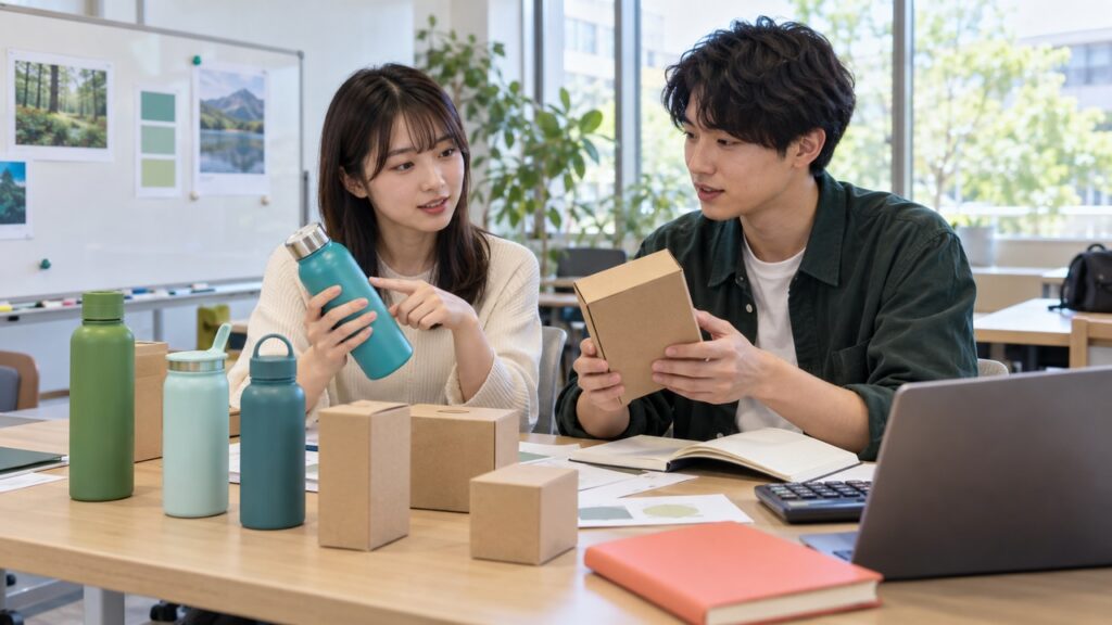 商品の届け方を考えながら販売や会計の資料を検討する学生のイメージ