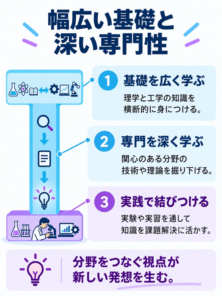 幅広い基礎、深い専門性、実践を結びつける理工学部の学び