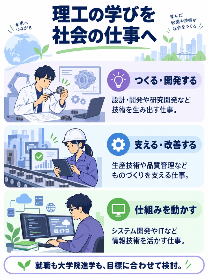 設計・開発、生産技術・品質管理、システム・ITなど理工学部の進路例
