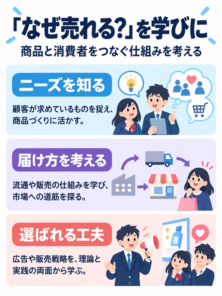 「なぜ売れる？」を学びにを解説する図。ニーズを知る、届け方を考える、選ばれる工夫。