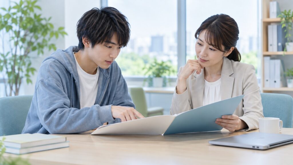 進学経路や手続きの資料を相談員と確認する若者
