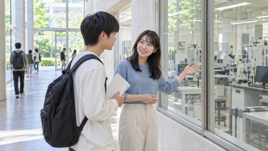 大学の見学で在学生から説明を聞く高校生