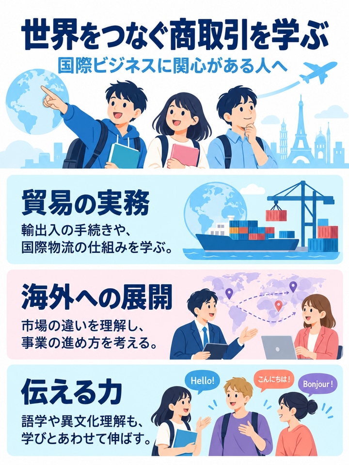 世界をつなぐ商取引を学ぶを解説する図。貿易の実務、海外への展開、伝える力。