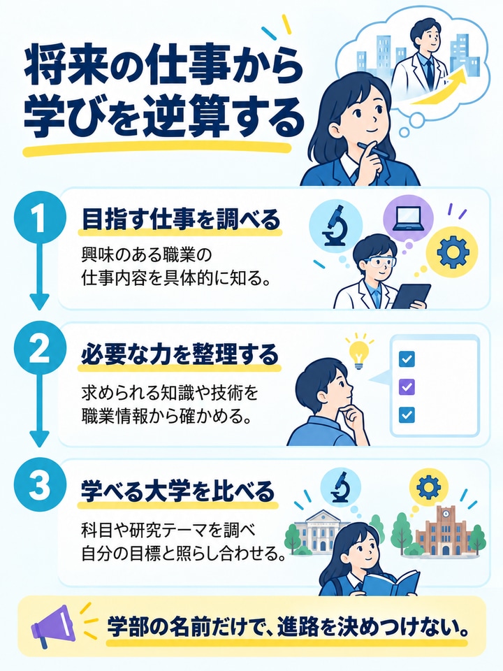 目指す仕事、必要な力、大学の学びの順に考える学部選びの手順