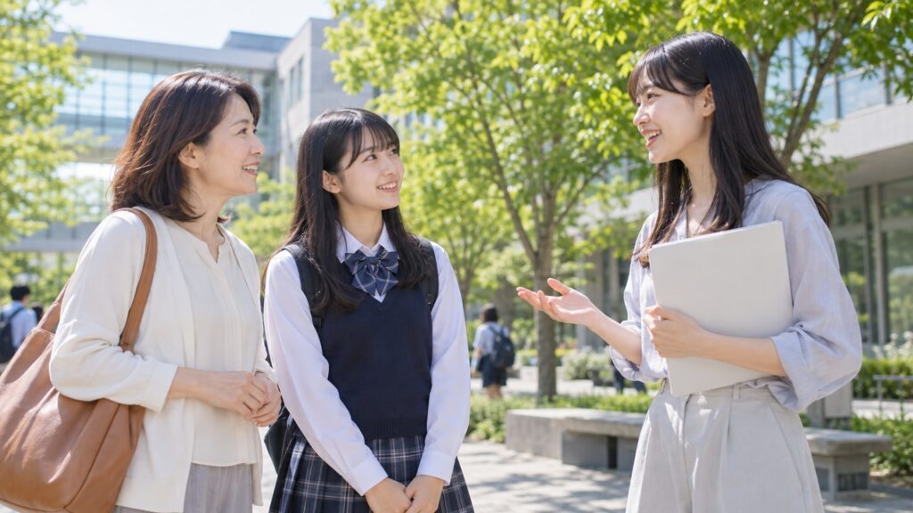 オープンキャンパスで在学生に学部の学びを相談する親子のイメージ