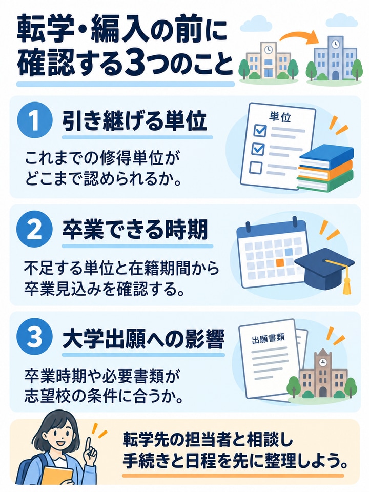 転学・編入前に、単位、卒業時期、大学出願への影響を確認するチェック項目