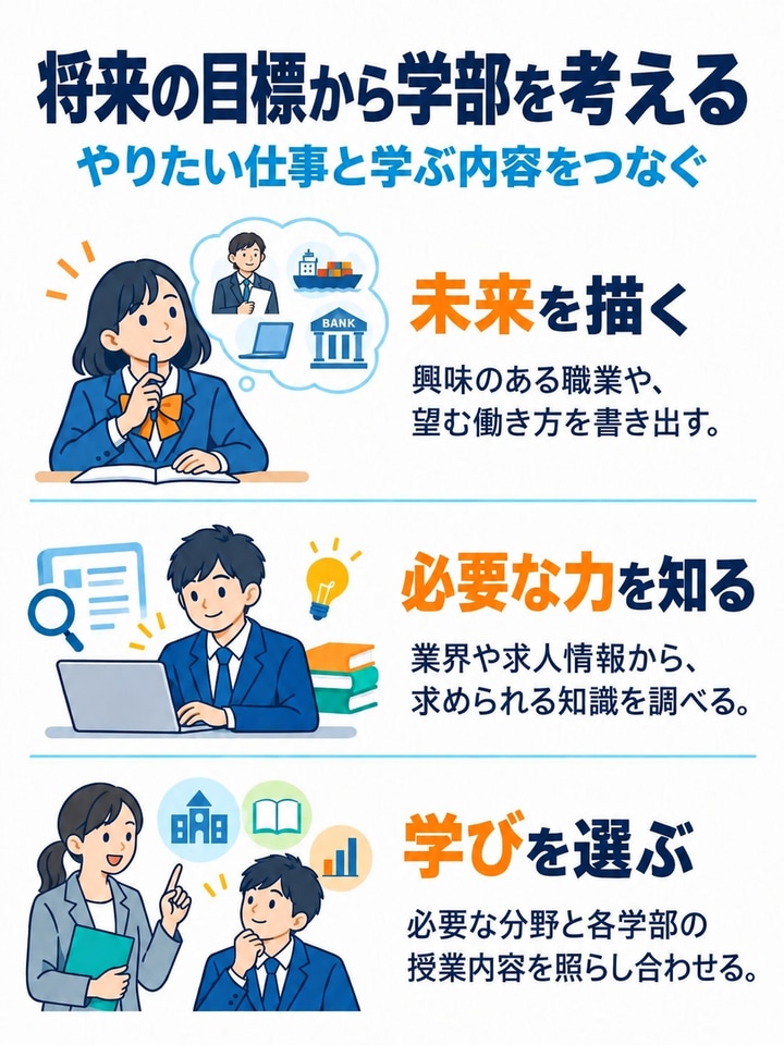 将来の目標から学部を考えるを解説する図。未来を描く、必要な力を知る、学びを選ぶ。
