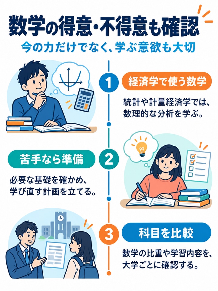 数学の得意・不得意も確認を解説する図。経済学で使う数学、苦手なら準備、科目を比較。