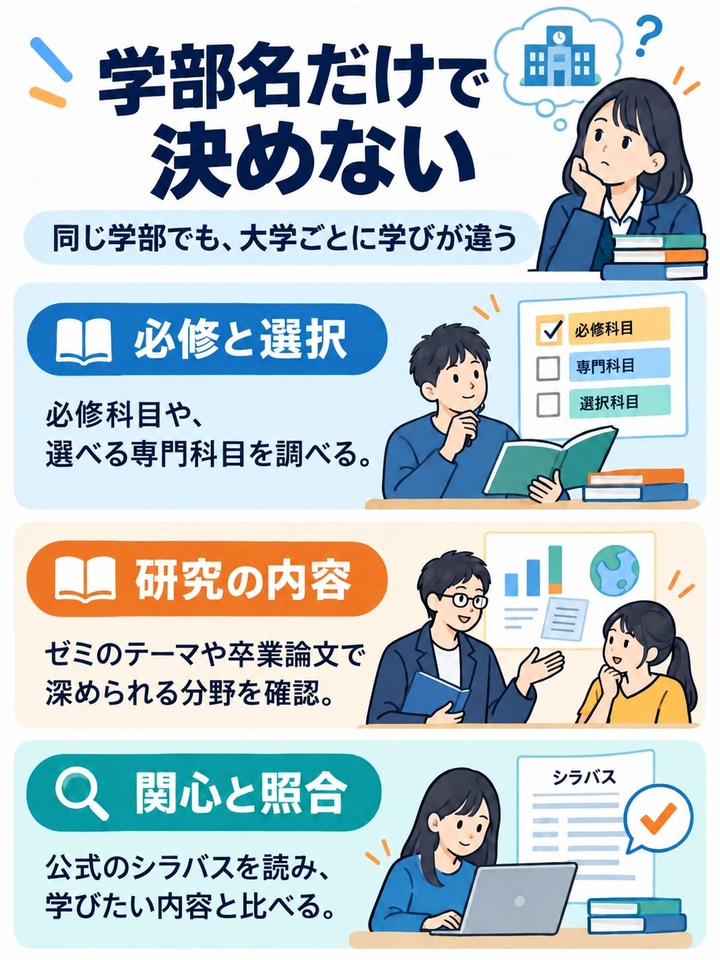 学部名だけで決めないを解説する図。必修と選択、研究の内容、関心と照合。