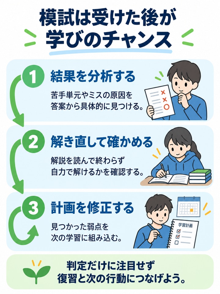 模試の結果分析、解き直し、学習計画の修正を繰り返す復習の流れ