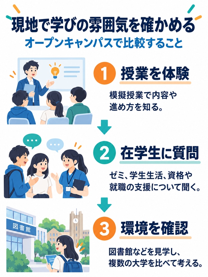 現地で学びの雰囲気を確かめるを解説する図。授業を体験、在学生に質問、環境を確認。