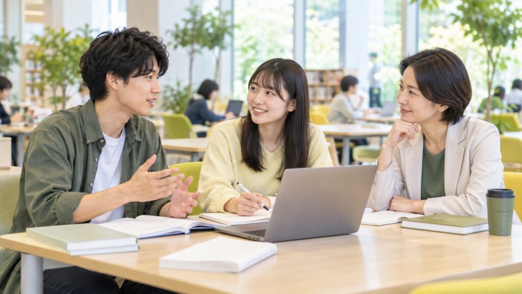 大学の学習スペースで相談しながら課題に取り組む学生