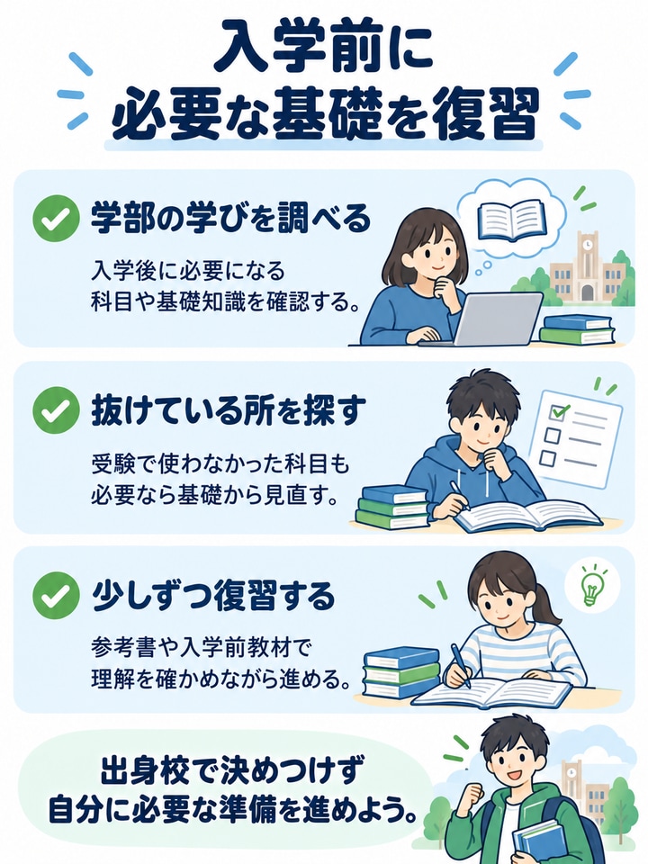 入学する学部で必要な科目を調べ、知識の抜けを確認し、基礎を復習する方法