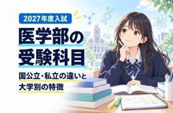 医学部の受験科目について、国公立と私立の違いや大学別の特徴を整理する受験生のイラスト。