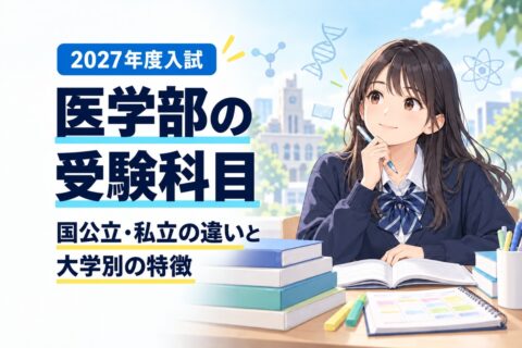 医学部の受験科目について、国公立と私立の違いや大学別の特徴を整理する受験生のイラスト。