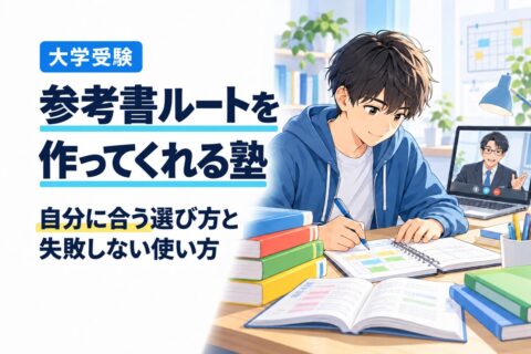 参考書ルートを作ってくれる塾の選び方と使い方。参考書と学習計画表を前に相談する受験生のイラスト。