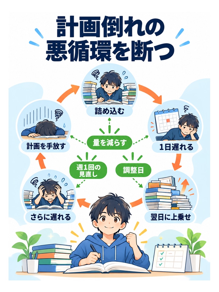 計画倒れの悪循環を断つ。詰め込む→1日遅れる→翌日に上乗せ→さらに遅れる→計画を手放す、量を減らす・調整日・週1回の見直し