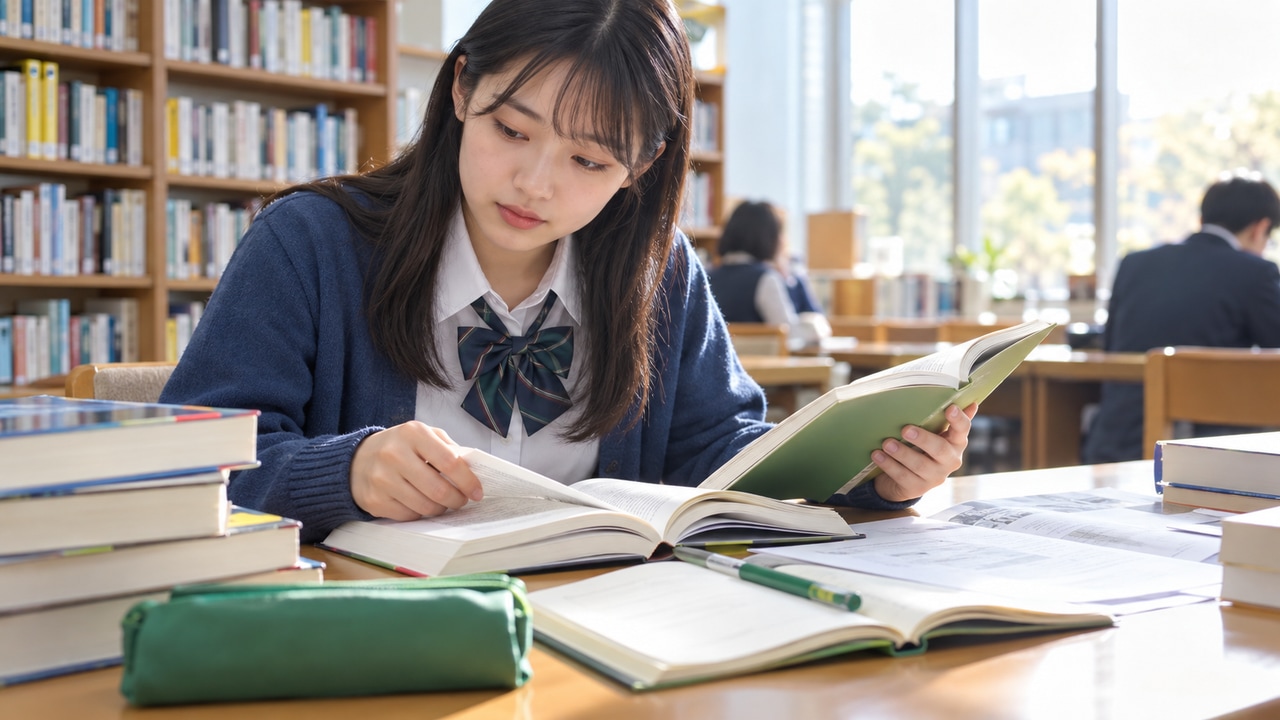 図書室で参考書と学習計画表を使い、国立医学部の受験科目を検討する高校生のイメージ写真。