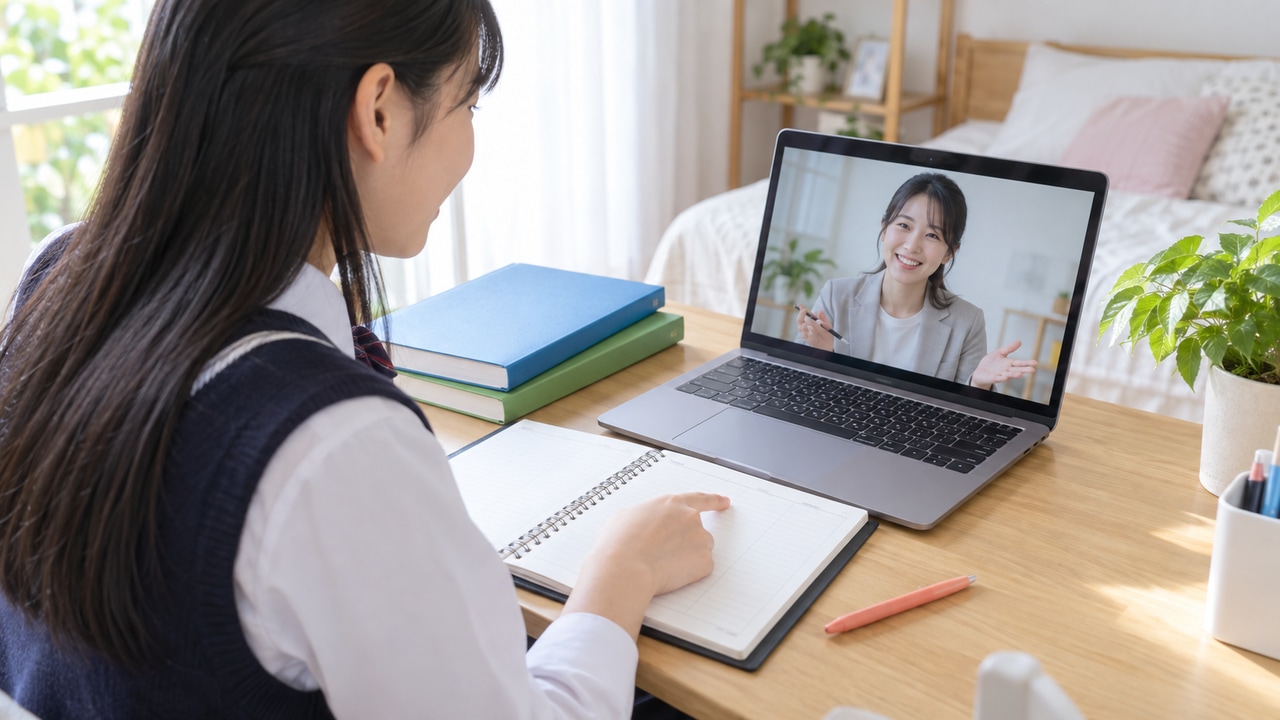 自宅で学習計画を見ながらオンラインコーチに相談する高校生のイメージ