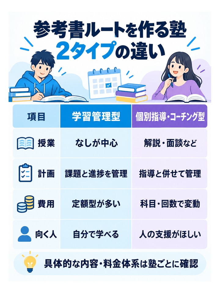 参考書ルートを作る塾2タイプの違い。項目｜学習管理型｜個別指導・コーチング型、授業｜なしが中心｜解説・面談など、計画｜課題と進捗を管理｜指導と併せて管理、費用｜定額型が多い｜科目・回数で変動、向く人｜自分で学べる｜人の支援がほしい