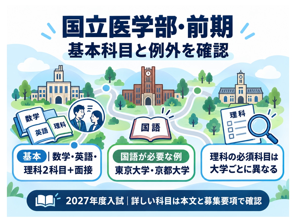 国立医学部・前期基本科目と例外を確認。基本|数学・英語・理科2科目+面接、国語が必要な例|東京大学・京都大学、理科の必須科目は大学ごとに異なる