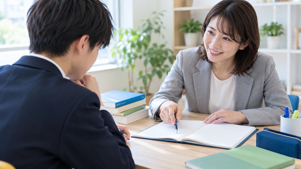 参考書と学習計画表を前に、学習アドバイザーと受験対策を相談する高校生のイメージ写真。