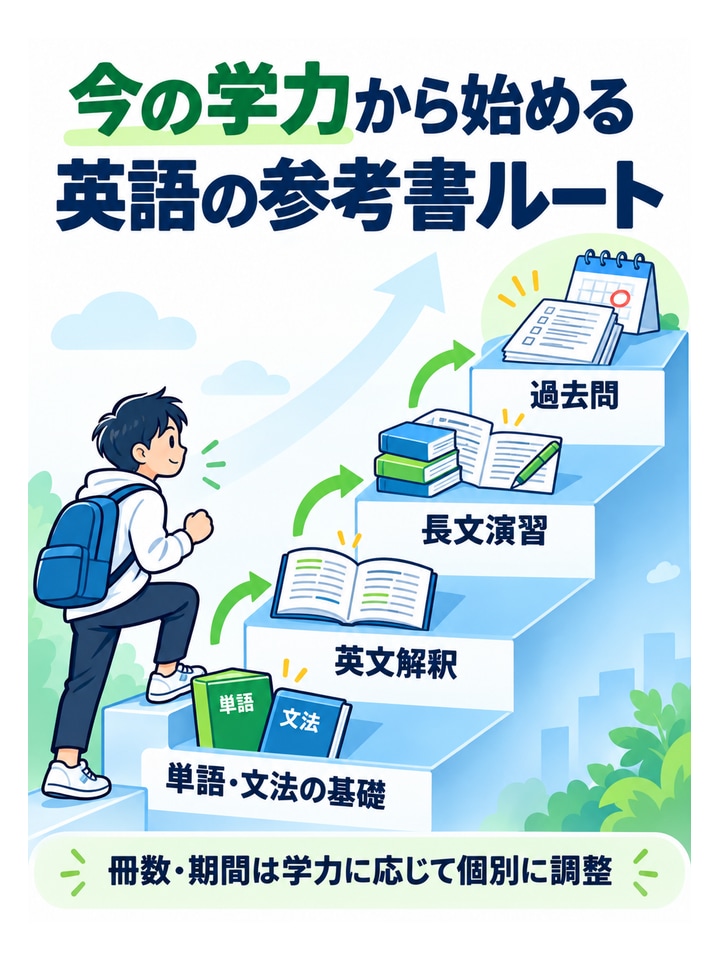 今の学力から始める英語の参考書ルート。単語・文法の基礎、→英文解釈、→長文演習、→過去問