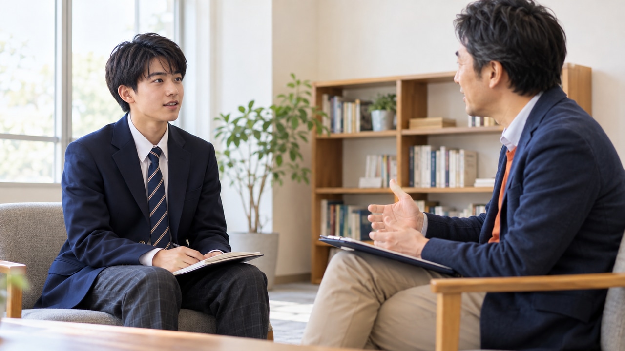小論文用のノートを用意し、面接練習をする受験生のイメージ写真。