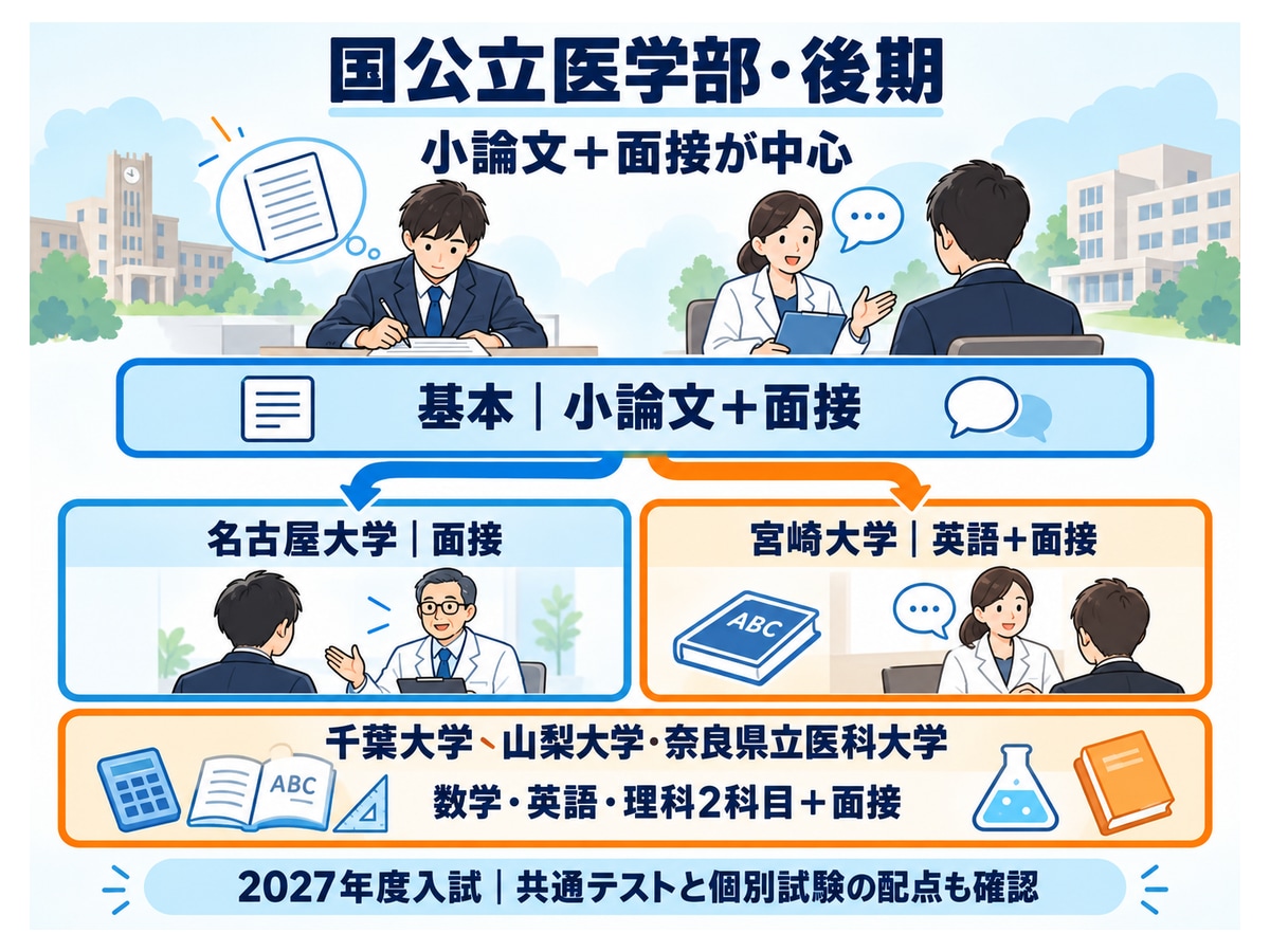 国公立医学部・後期小論文+面接が中心。基本|小論文+面接、名古屋大学|面接 宮崎大学|英語+面接、千葉大学・山梨大学・奈良県立医科大学、数学・英語・理科2科目+面接