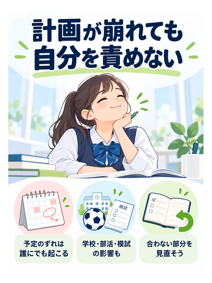 計画が崩れても自分を責めない。予定のずれは誰にでも起こる、学校・部活・模試の影響も、合わない部分を見直そう