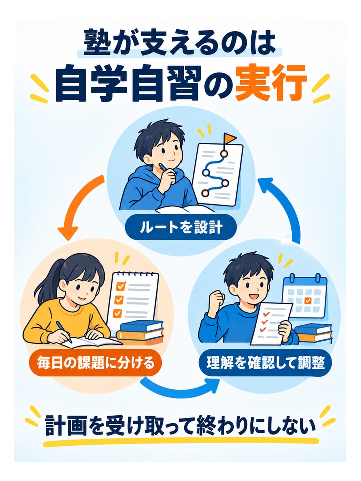 塾が支えるのは自学自習の実行。ルートを設計、毎日の課題に分ける、理解を確認して調整
